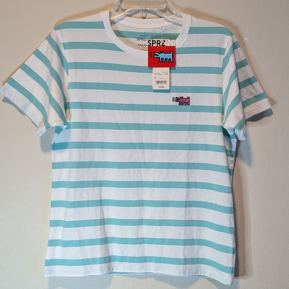 Uniqlo Keith Haring Barking Dog Size S Aqua Striped T-shirt NWT